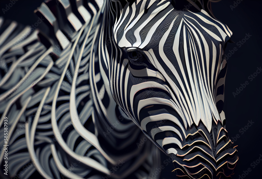 Poster A complex, multi-layered pattern of interlocking shapes that resembles a Zebra  face.  Generative AI technology.
