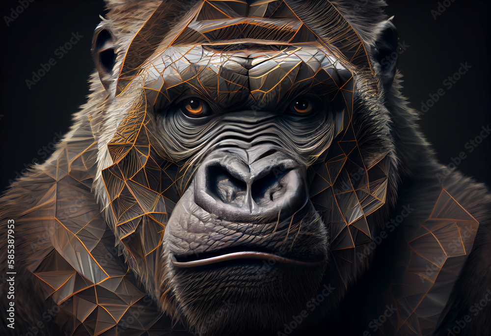 Aufkleber A complex, multi-layered pattern of interlocking shapes that resembles a Gorilla's face.  Generative AI technology.
