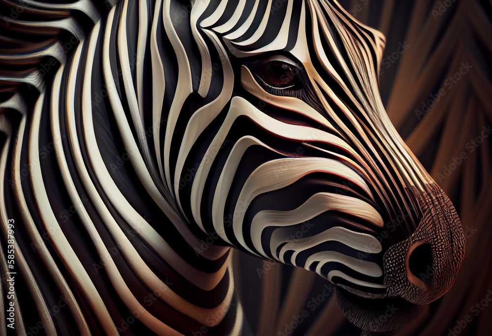 Poster A complex, multi-layered pattern of interlocking shapes that resembles a Zebra  face.  Generative AI technology.
