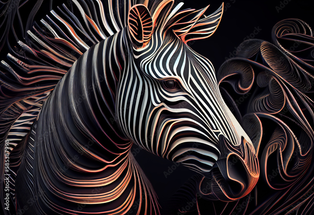 Poster A complex, multi-layered pattern of interlocking shapes that resembles a Zebra  face.  Generative AI technology.
