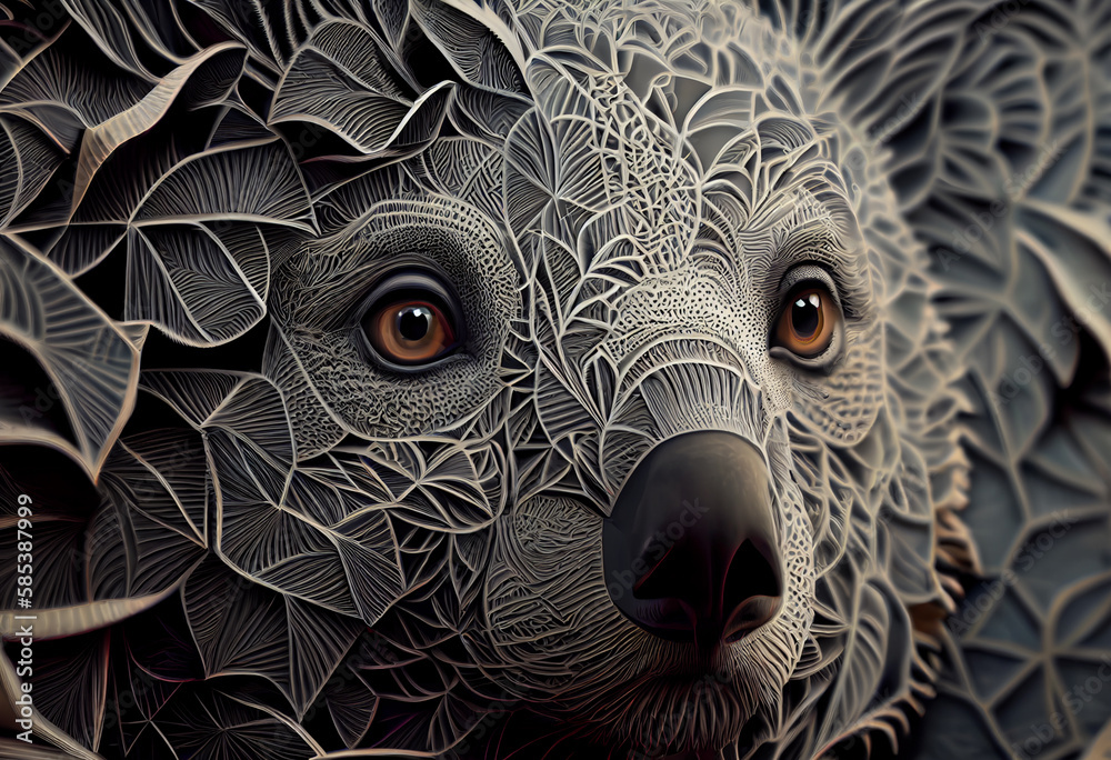 Poster A complex, multi-layered pattern of interlocking shapes that resembles a Koala  face.  Generative AI technology.

