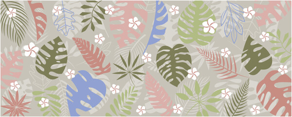 Summer tropical leaves and flower decoration graphic. Summer botanical background. Tropical plant illustration. Vector illustration.