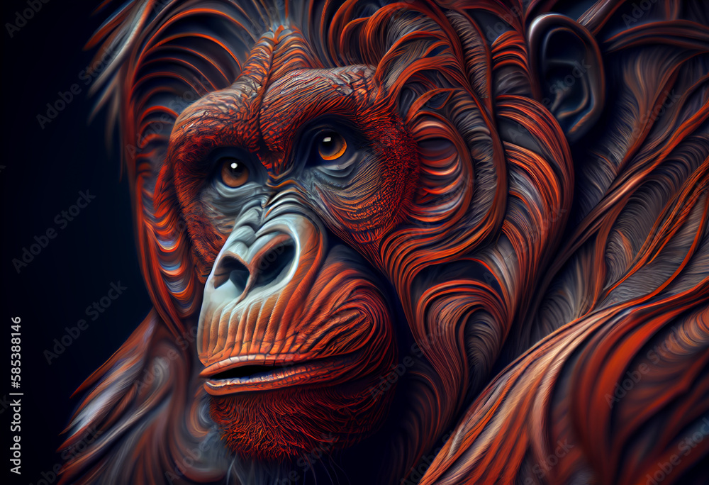 Poster A complex, multi-layered pattern of interlocking shapes that resembles a Orangutan's face.  Generative AI technology.
