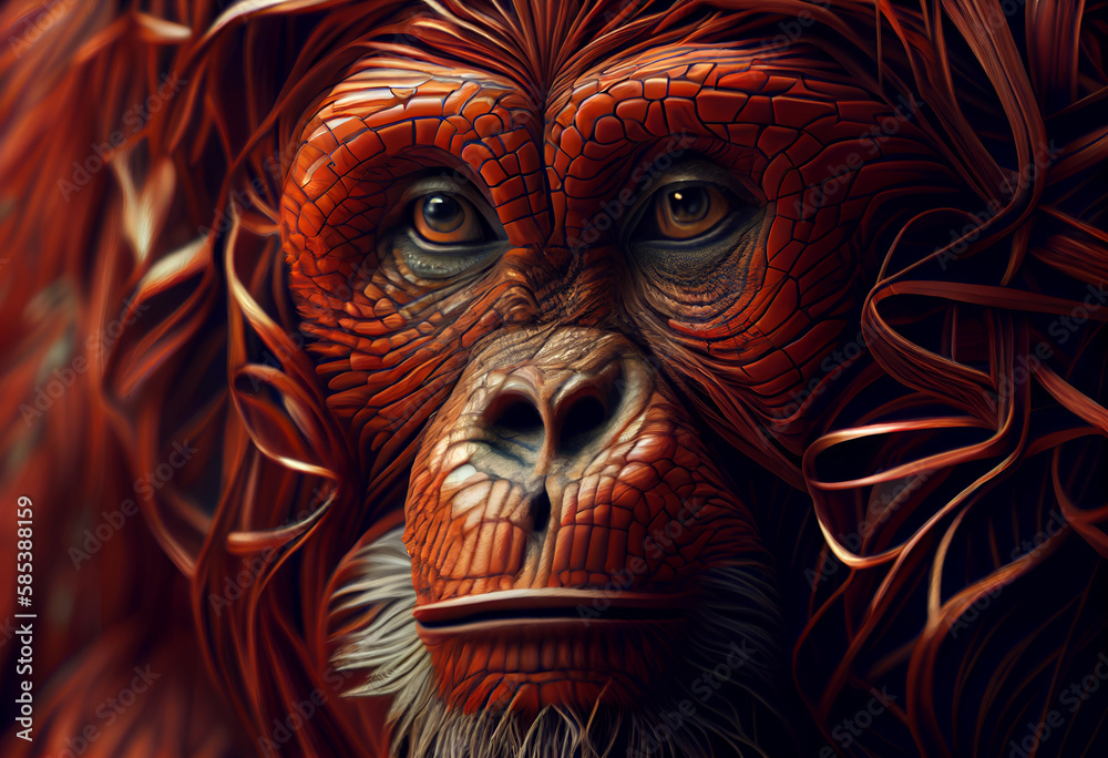 Poster A complex, multi-layered pattern of interlocking shapes that resembles a Orangutan's face.  Generative AI technology.
