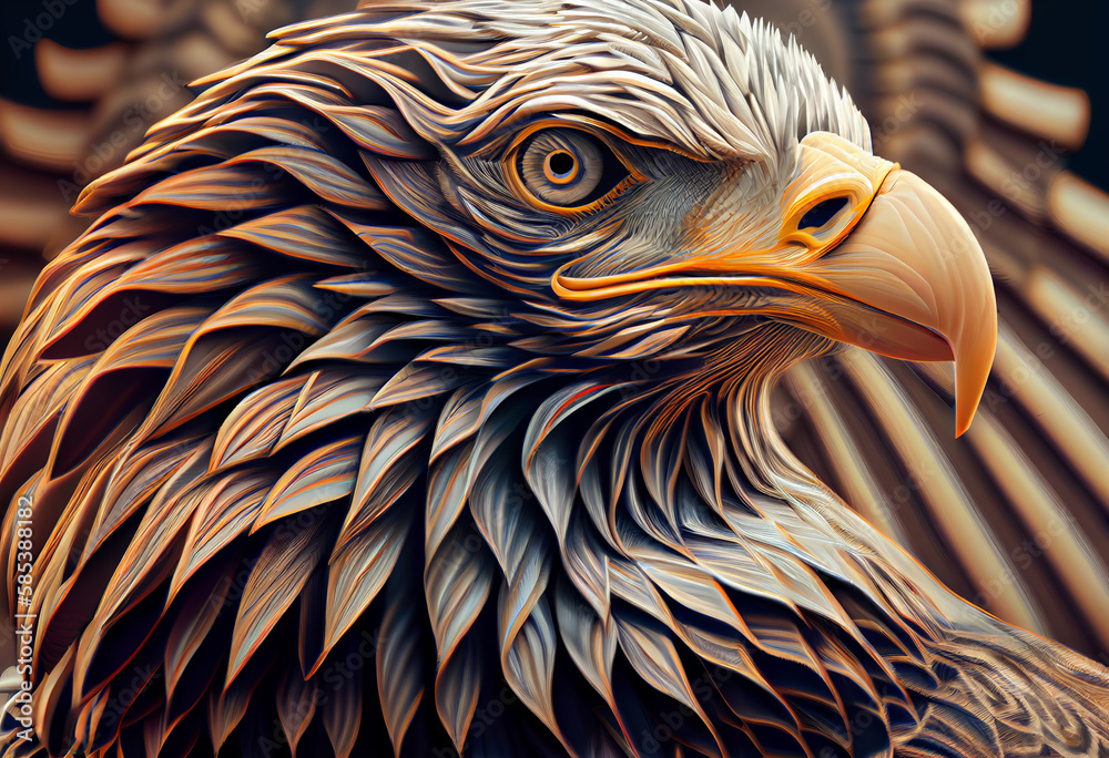 Poster A complex, multi-layered pattern of interlocking shapes that resembles a Eagle face.  Generative AI technology.
