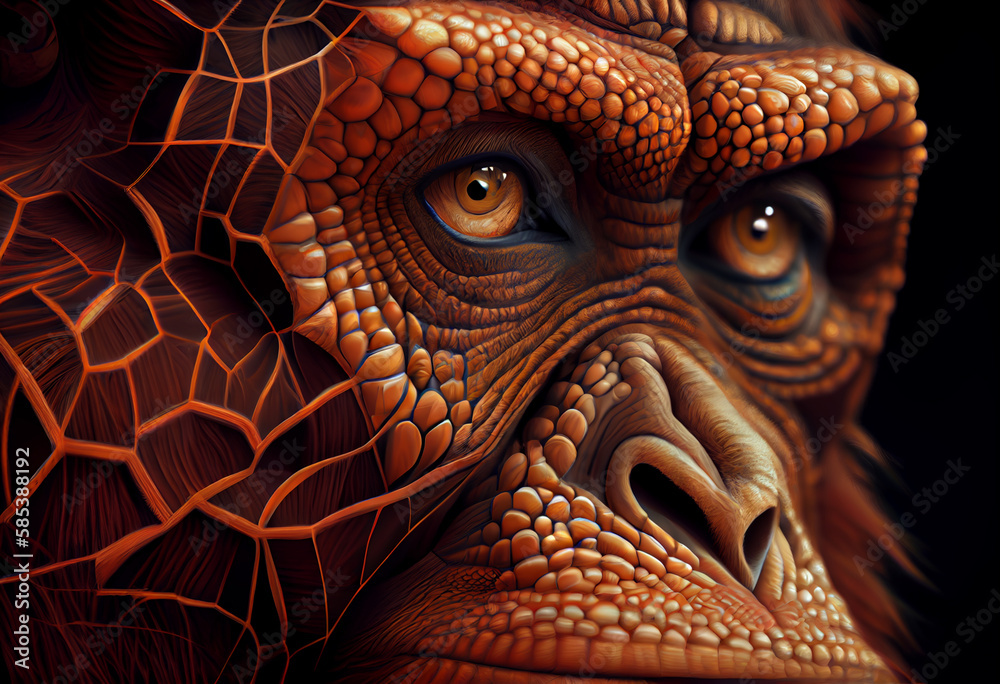 Poster A complex, multi-layered pattern of interlocking shapes that resembles a Orangutan's face.  Generative AI technology.
