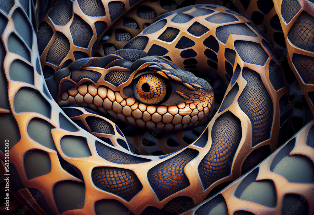 Poster A complex, multi-layered pattern of interlocking shapes that resembles a Snake face.  Generative AI technology.
