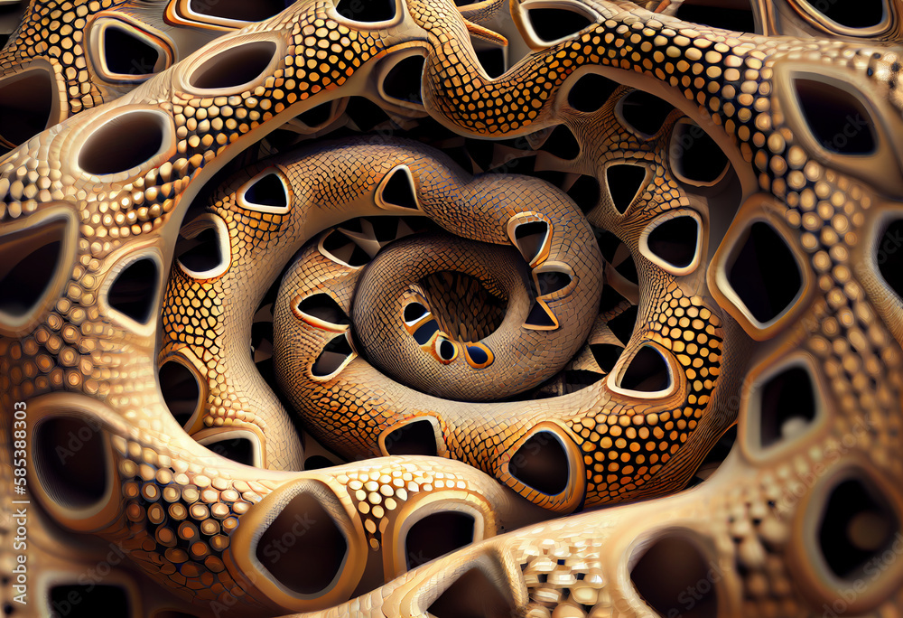 Poster A complex, multi-layered pattern of interlocking shapes that resembles a Snake face.  Generative AI technology.
