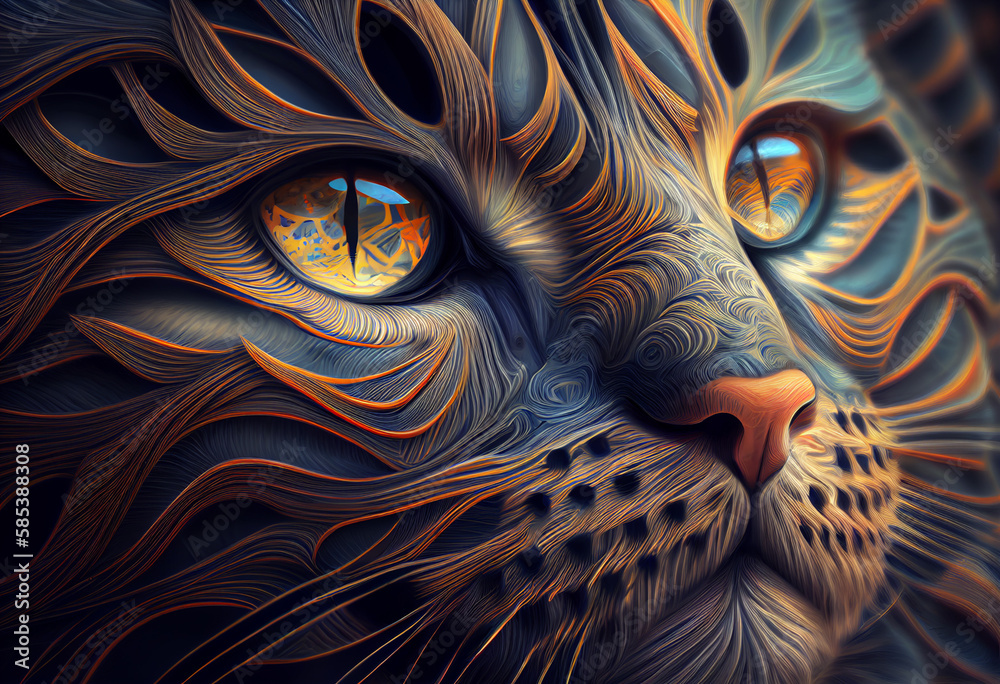 Leinwandbilder A complex, multi-layered pattern of interlocking shapes that resembles a Cat face.  Generative AI technology.
