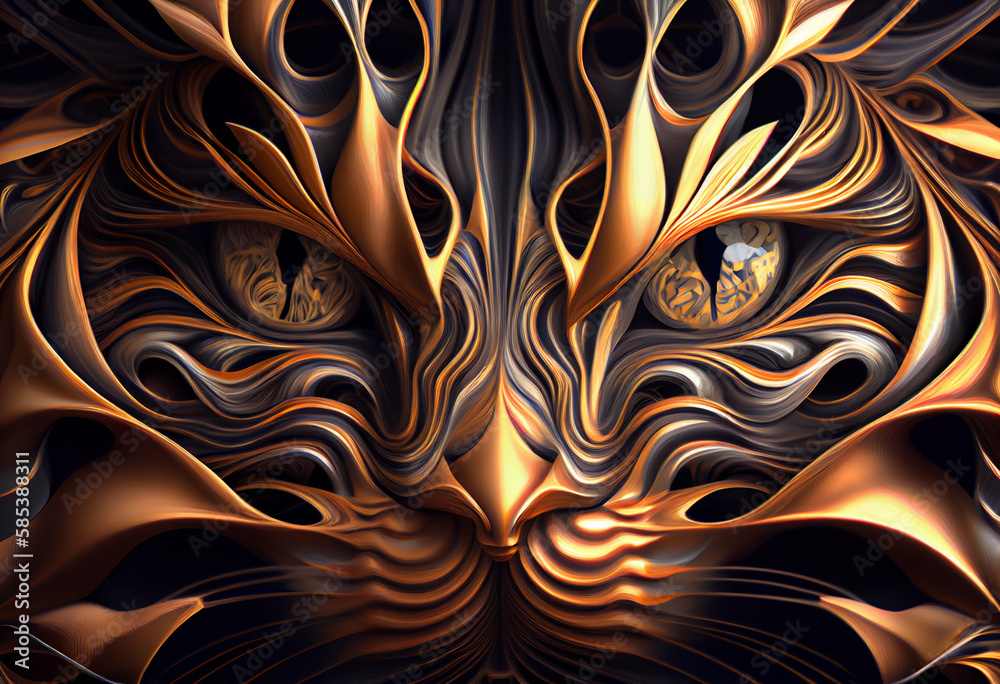 Poster A complex, multi-layered pattern of interlocking shapes that resembles a Cat face.  Generative AI technology.
