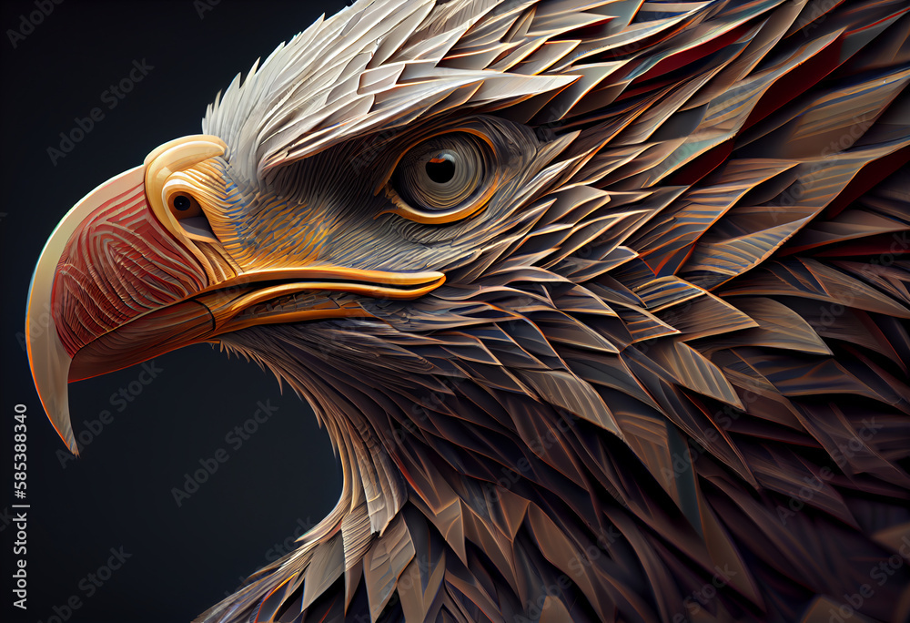Poster A complex, multi-layered pattern of interlocking shapes that resembles a Eagle face.  Generative AI technology.
