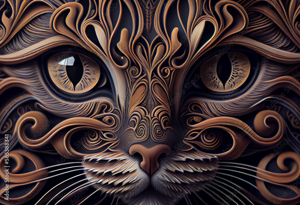 Poster A complex, multi-layered pattern of interlocking shapes that resembles a cat's face.  Generative AI technology.
