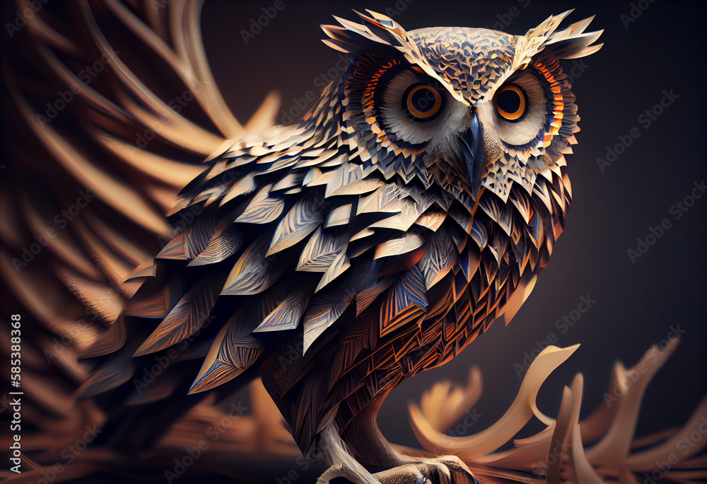 Poster A complex, multi-layered pattern of interlocking shapes that resembles a owl face.  Generative AI technology.
