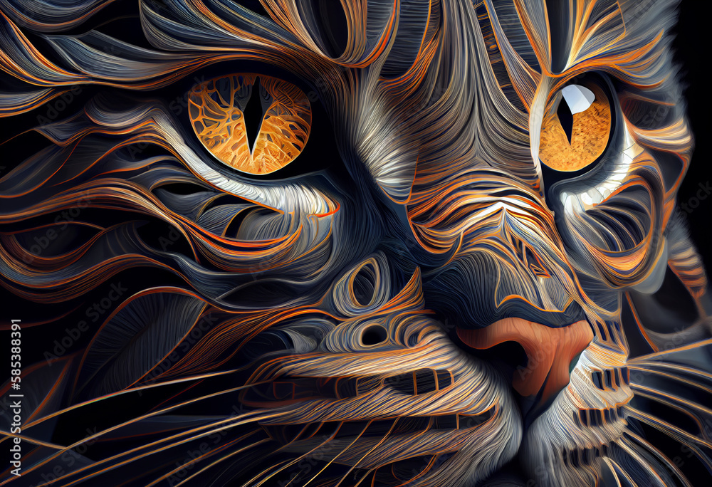 Poster A complex, multi-layered pattern of interlocking shapes that resembles a cat's face.  Generative AI technology.
