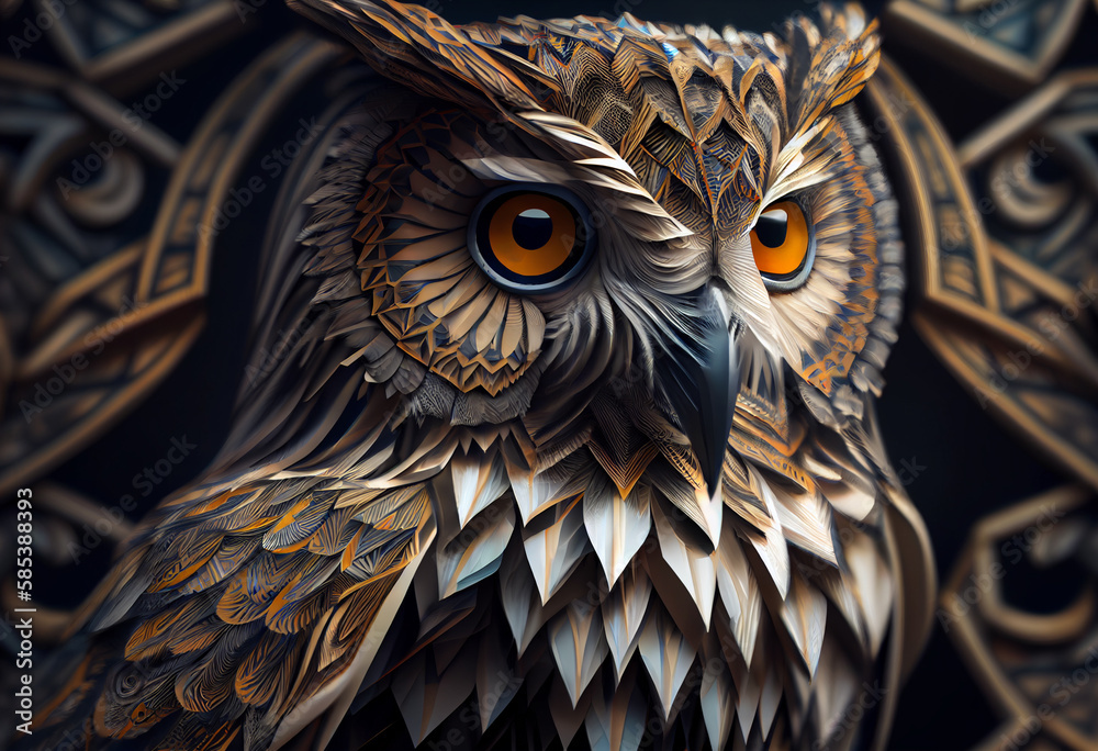 Poster A complex, multi-layered pattern of interlocking shapes that resembles a owl face.  Generative AI technology.
