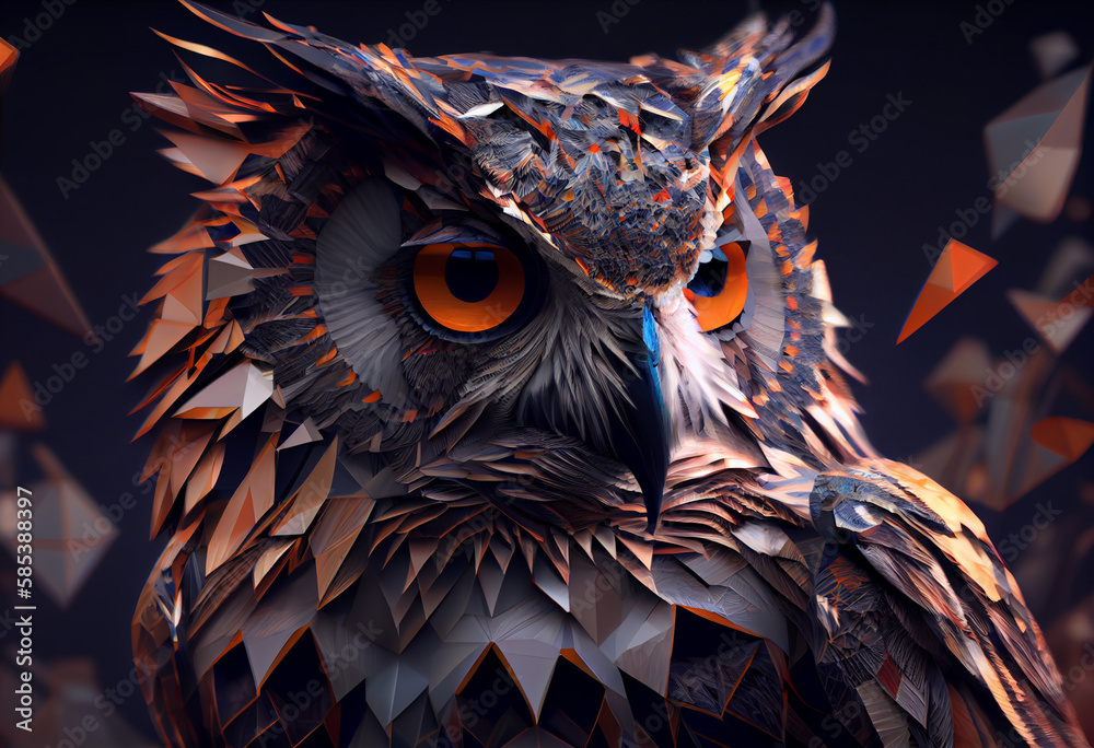Poster A complex, multi-layered pattern of interlocking shapes that resembles a owl face.  Generative AI technology.
