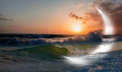Abstract dark green background with crescent over the sea, strong waves in the foreground at night 