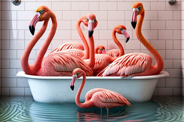 flamingos in the bathtub in the bathroom, hand drawing illustration, generative Ai