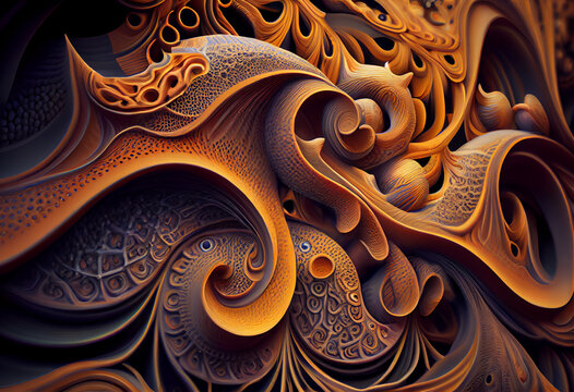 A complex, multi-layered pattern of interlocking shapes that resembles a Octopuss.  Generative AI technology.
