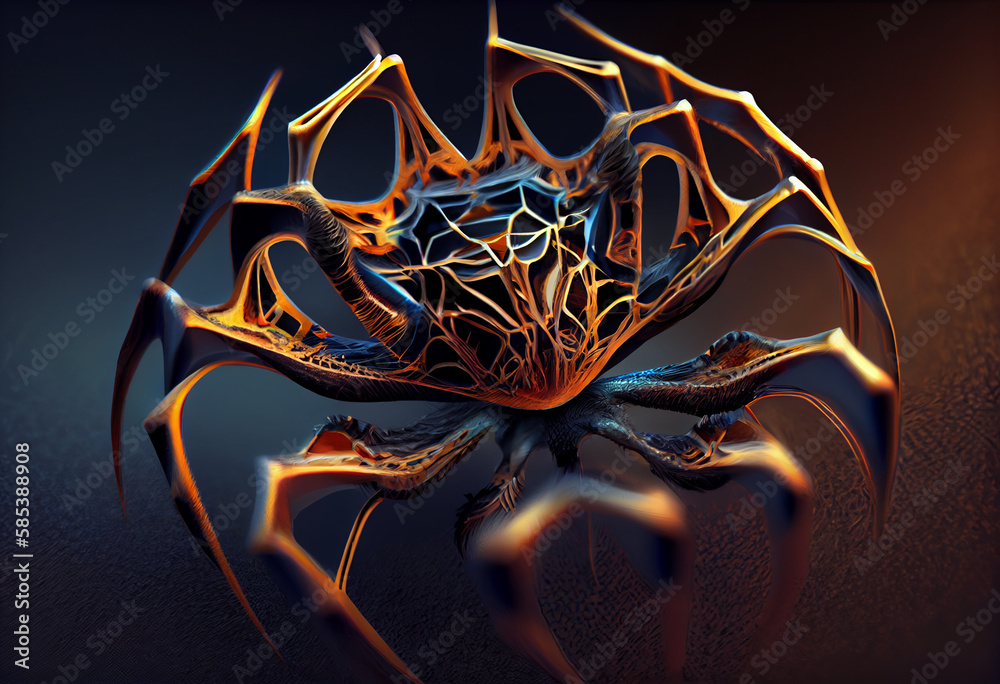 Poster A complex, multi-layered pattern of interlocking shapes that resembles a Spider.  Generative AI technology.
