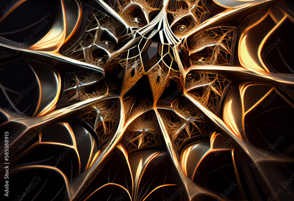 Poster A complex, multi-layered pattern of interlocking shapes that resembles a Spider.  Generative AI technology.

