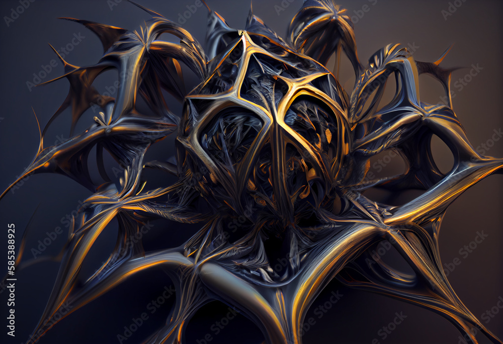 Poster A complex, multi-layered pattern of interlocking shapes that resembles a Spider.  Generative AI technology.
