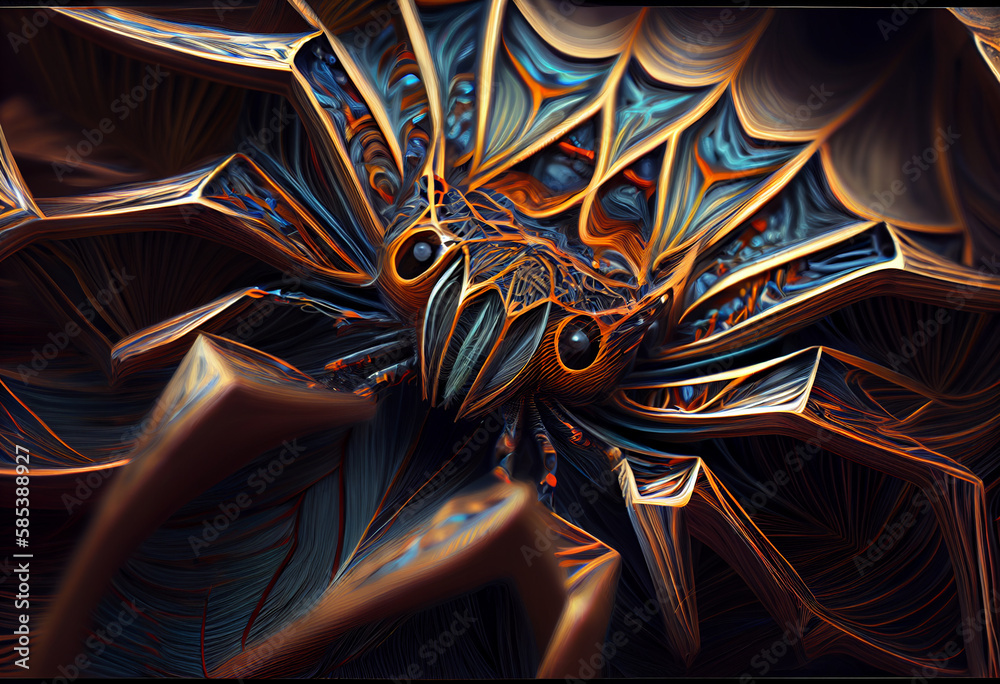 Poster A complex, multi-layered pattern of interlocking shapes that resembles a Spider.  Generative AI technology.
