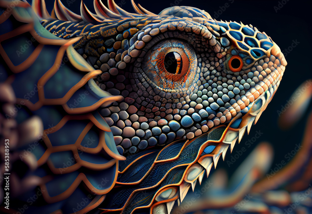 Poster A complex, multi-layered pattern of interlocking shapes that resembles a Lizard face.  Generative AI technology.

