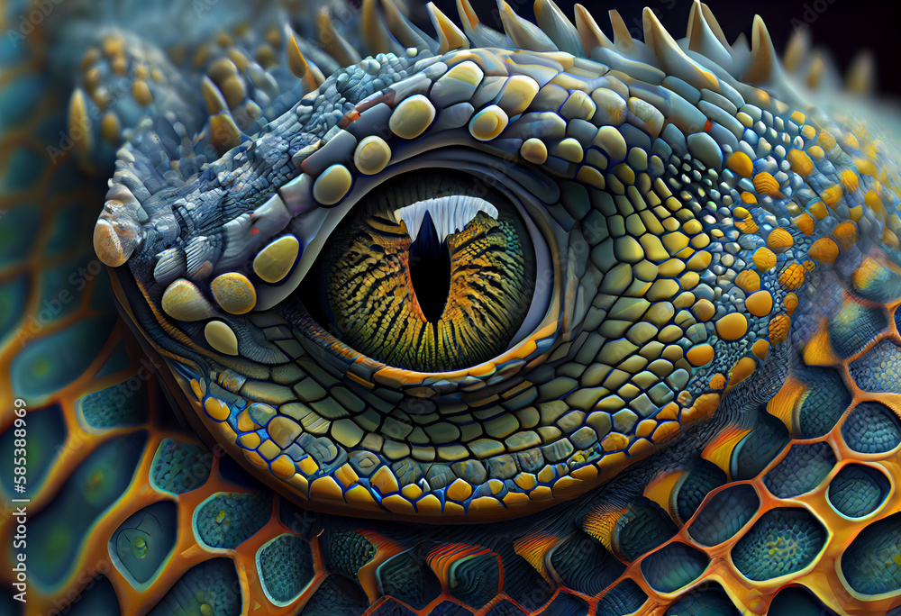 Fototapete A complex, multi-layered pattern of interlocking shapes that resembles a Lizard face.  Generative AI technology.

