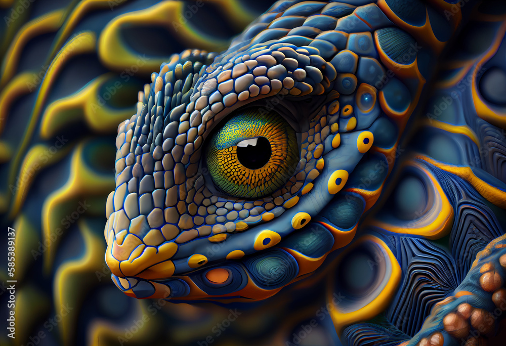 Poster A complex, multi-layered pattern of interlocking shapes that resembles a Lizard face.  Generative AI technology.
