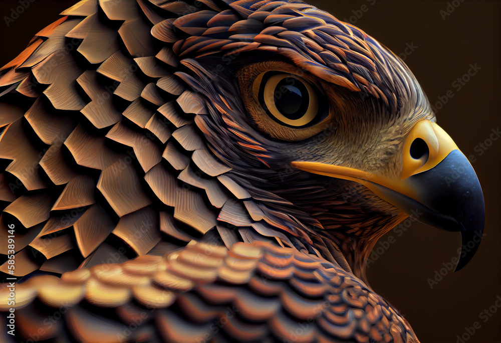 Poster A complex, multi-layered pattern of interlocking shapes that resembles a Falcon  face.  Generative AI technology.
