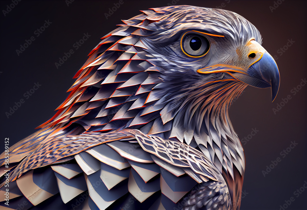 Poster A complex, multi-layered pattern of interlocking shapes that resembles a Falcon  face.  Generative AI technology.
