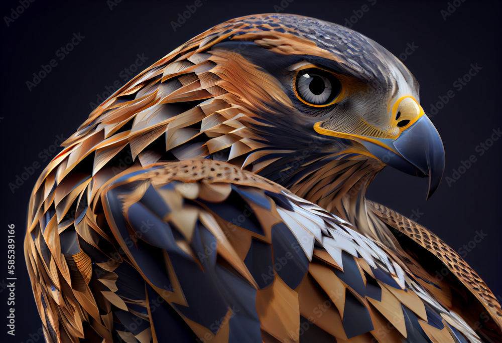 Aufkleber A complex, multi-layered pattern of interlocking shapes that resembles a Falcon  face.  Generative AI technology.
