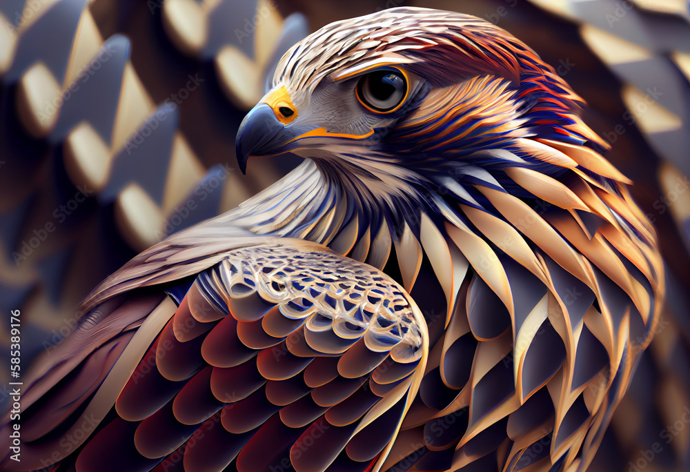 Poster A complex, multi-layered pattern of interlocking shapes that resembles a Falcon  face.  Generative AI technology.
