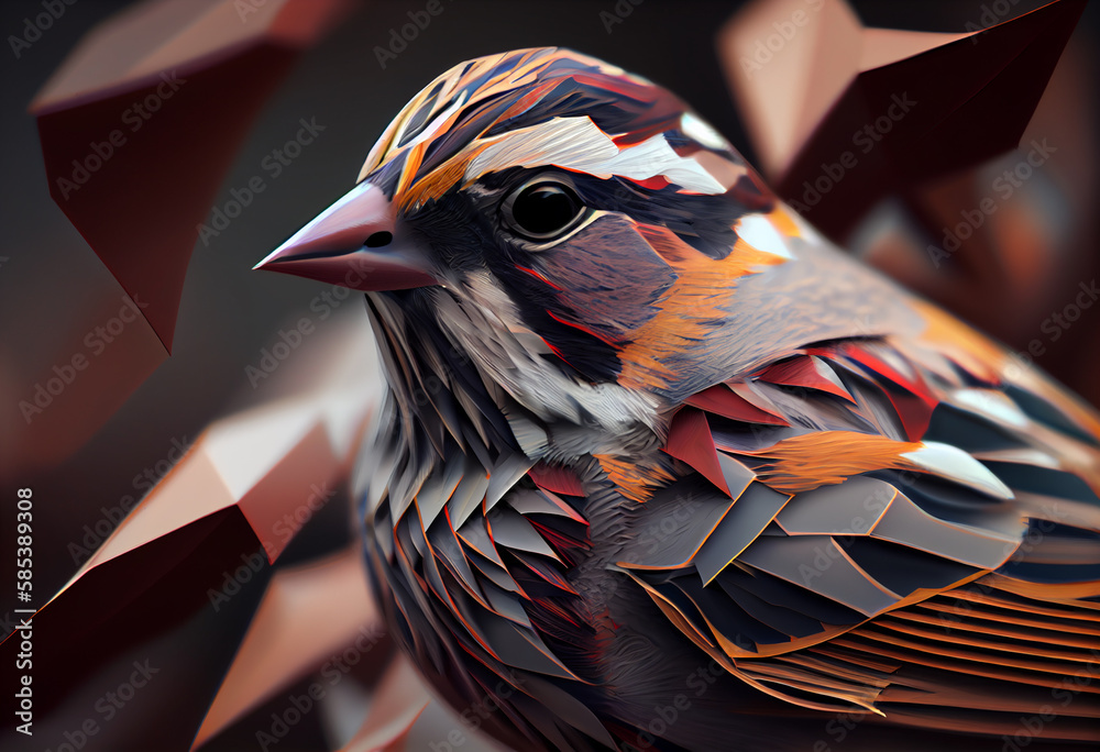 Poster A complex, multi-layered pattern of interlocking shapes that resembles a Sparrow face.  Generative AI technology.
