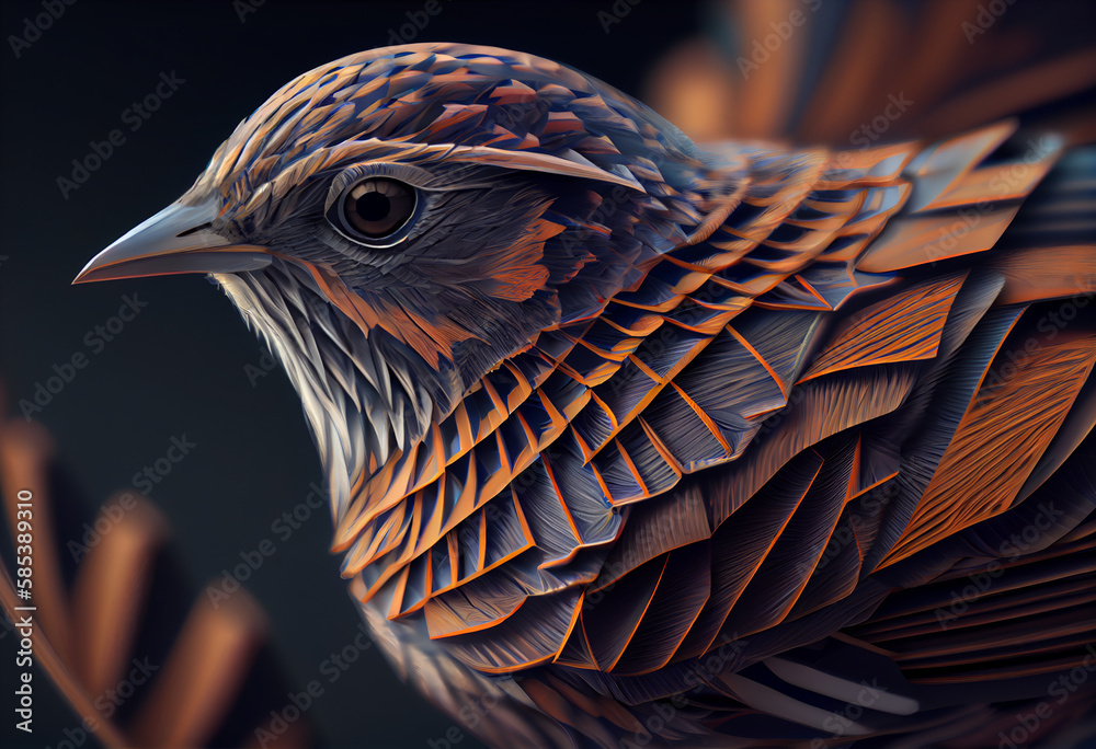 Poster A complex, multi-layered pattern of interlocking shapes that resembles a Sparrow face.  Generative AI technology.
