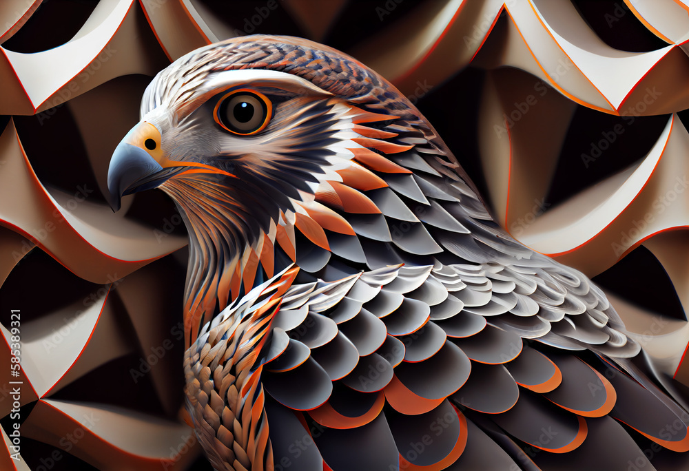 Poster A complex, multi-layered pattern of interlocking shapes that resembles a Sparrow face.  Generative AI technology.
