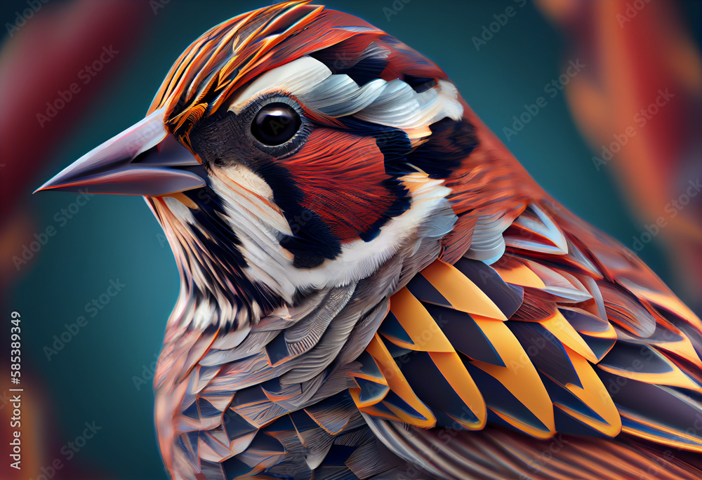 Poster A complex, multi-layered pattern of interlocking shapes that resembles a Sparrow face.  Generative AI technology.
