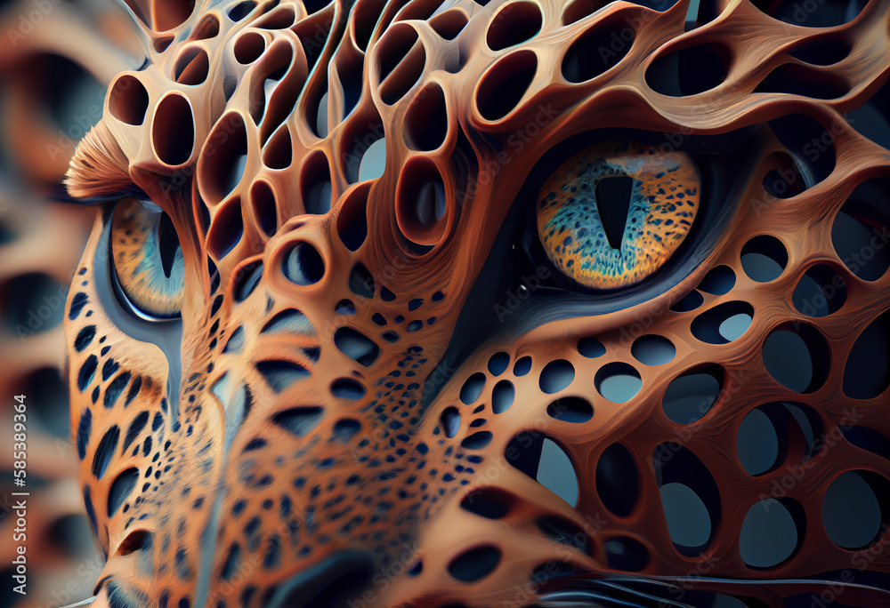 Poster A complex, multi-layered pattern of interlocking shapes that resembles a Leopard  face.  Generative AI technology.

