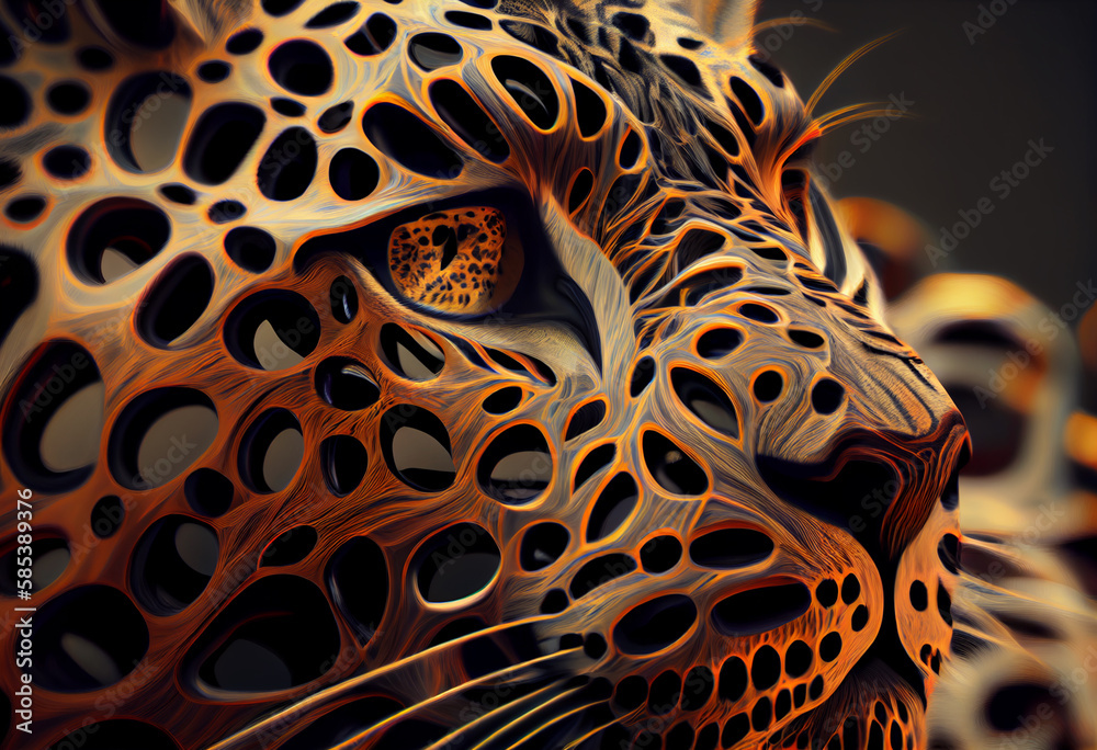 Poster A complex, multi-layered pattern of interlocking shapes that resembles a Leopard  face.  Generative AI technology.

