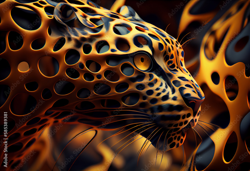 Poster A complex, multi-layered pattern of interlocking shapes that resembles a Leopard  face.  Generative AI technology.

