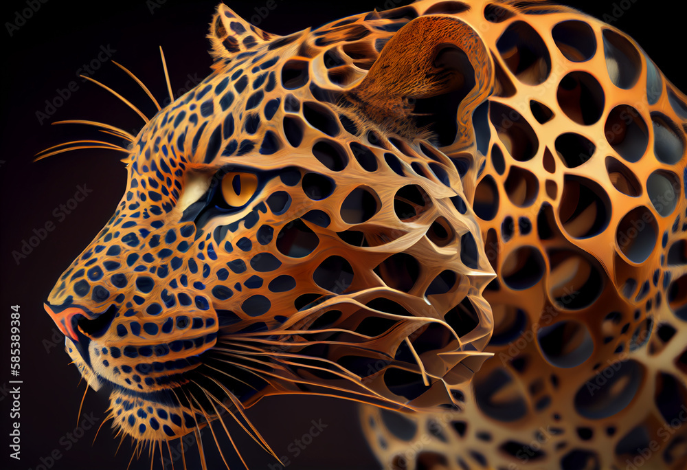 Aufkleber A complex, multi-layered pattern of interlocking shapes that resembles a Leopard  face.  Generative AI technology.
