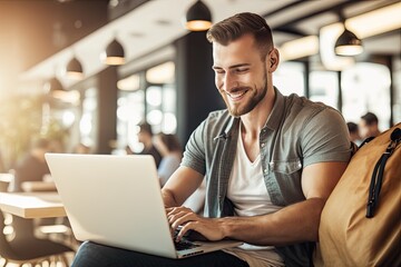 Obraz premium Cheerful and contented young Caucasian man sitting at desk and using laptop with a smile appears to be engaged and focused on his work. Generative AI