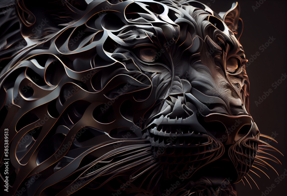 Aufkleber A complex, multi-layered pattern of interlocking shapes that resembles a Panthera  face.  Generative AI technology.
