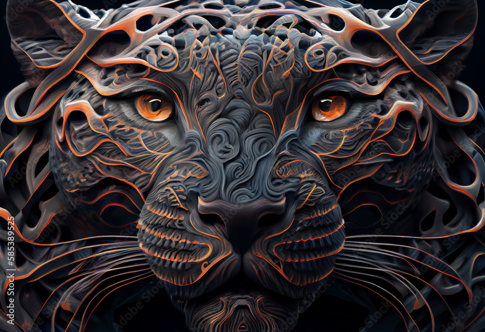 Aufkleber A complex, multi-layered pattern of interlocking shapes that resembles a Panthera  face.  Generative AI technology.
