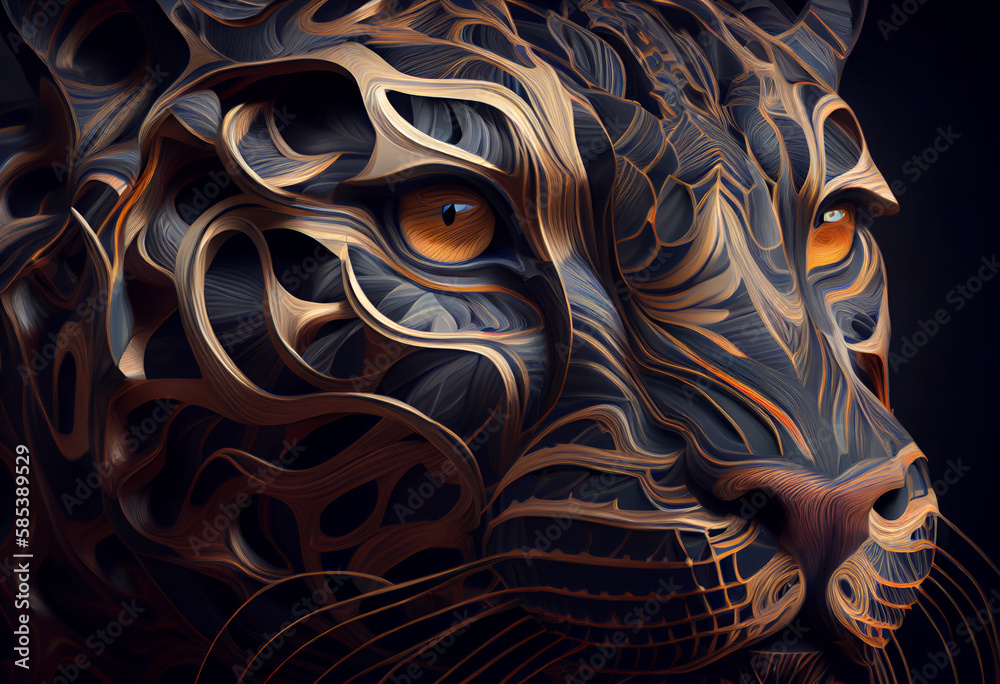 Aufkleber A complex, multi-layered pattern of interlocking shapes that resembles a Panthera  face.  Generative AI technology.
