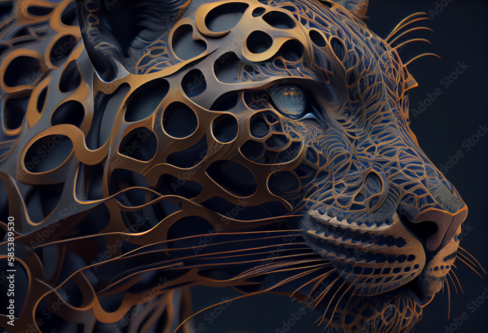 Poster A complex, multi-layered pattern of interlocking shapes that resembles a Panthera  face.  Generative AI technology.

