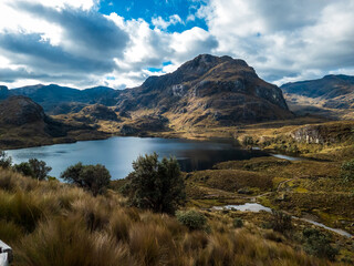 Dramatic landscape with Lakes of National park El Cajas Mountains in Ecuador close to Cuenca city, in Ecuador, South America.  - obrazy, fototapety, plakaty