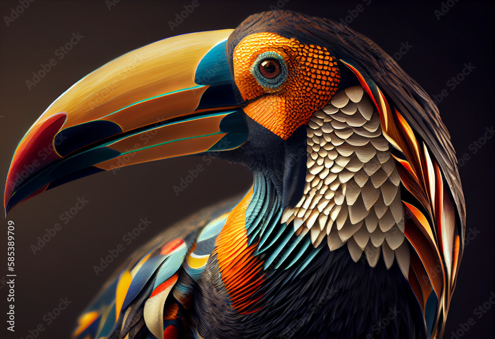 Poster A complex, multi-layered pattern of interlocking shapes that resembles a Toucan face.  Generative AI technology.
