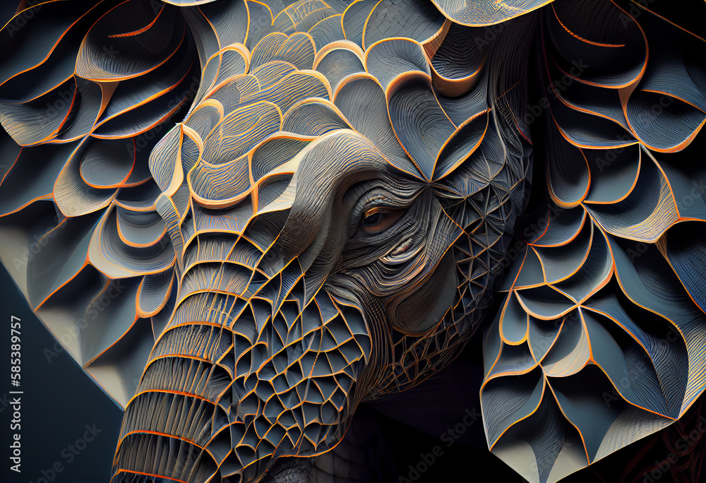 Poster A complex, multi-layered pattern of interlocking shapes that resembles a Elephant's face.  Generative AI technology.
